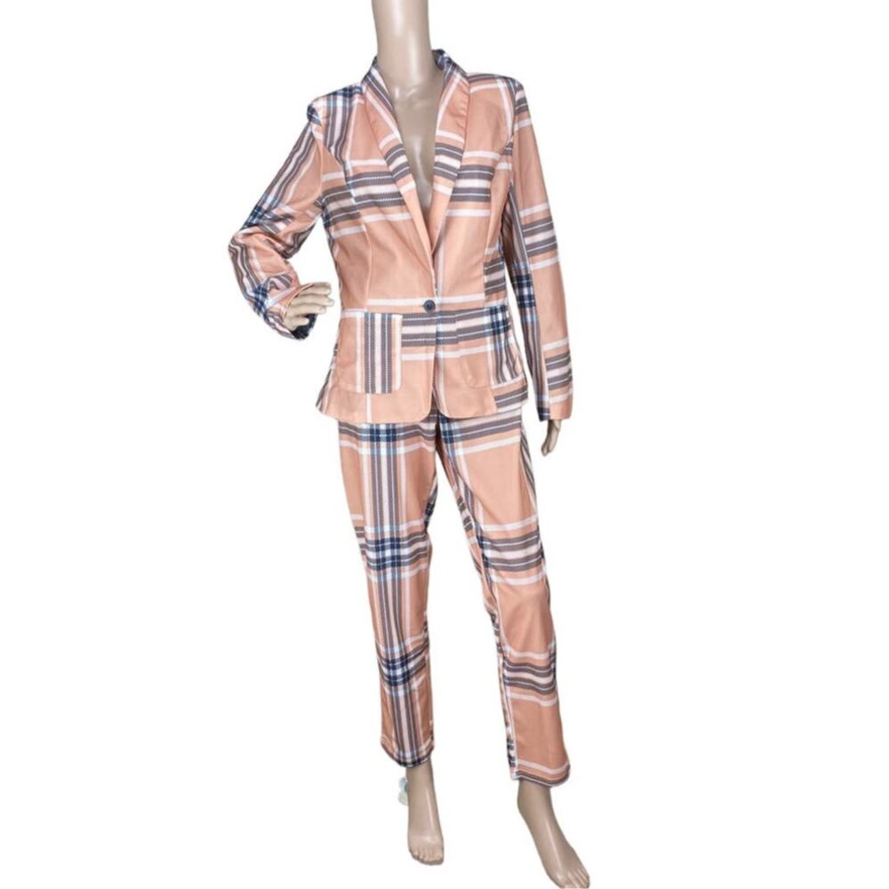 New Chic Me Peach Black Plaid 2 Piece Set Lapel Collar Jacket Pants Suit Size L